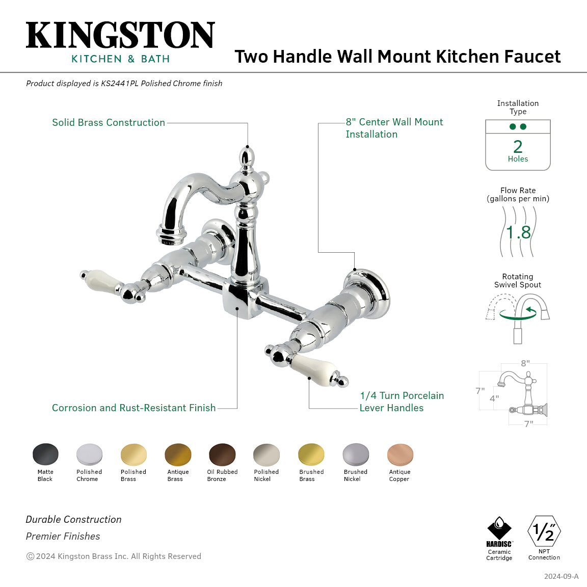 Kingston Heirloom KS2442PL - Heritage Two-Handle 2-Hole Wall Mount Bridge Kitchen Faucet, Polished Brass — thumbnail 2